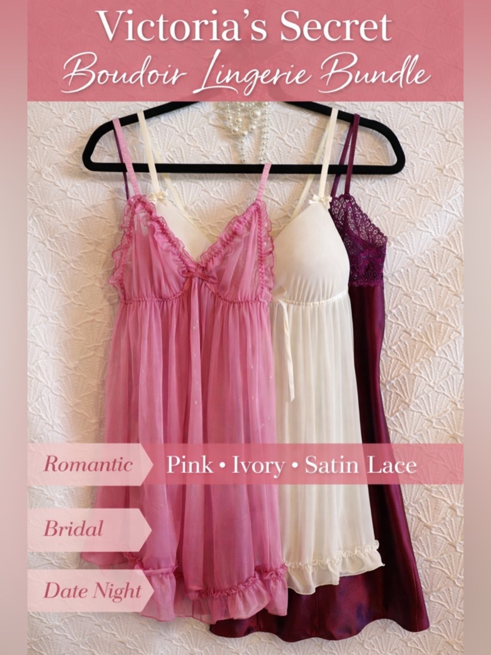 PRICE ⬇️ Pink Victoria Secret, Ivory, Burgundy Boudoir set 📸